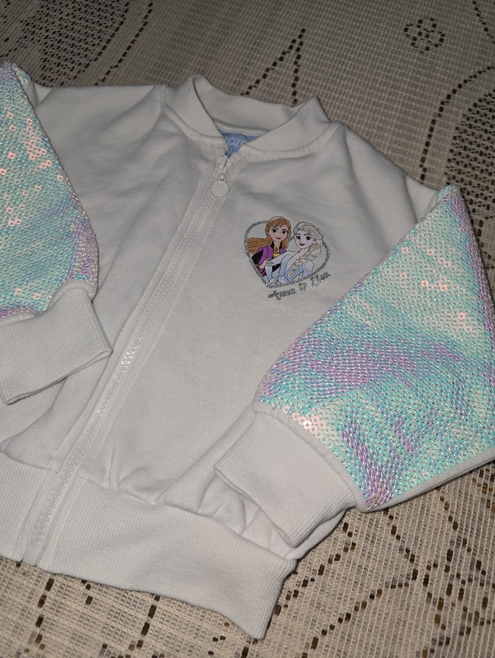 Girls White Frozen Jacket with Sequin Pastel Sleeves